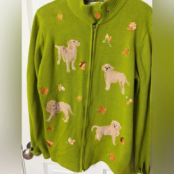 Storybook Knits Golden Retriever Dog Sweater Green Zip Cardigan Pupply Novelty M - Picture 4 of 14